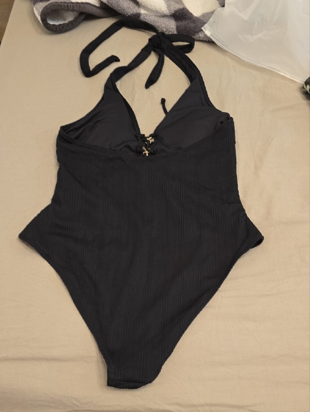Black Ribbed Halter One-Piece Swimsuit - Picture 3 of 4
